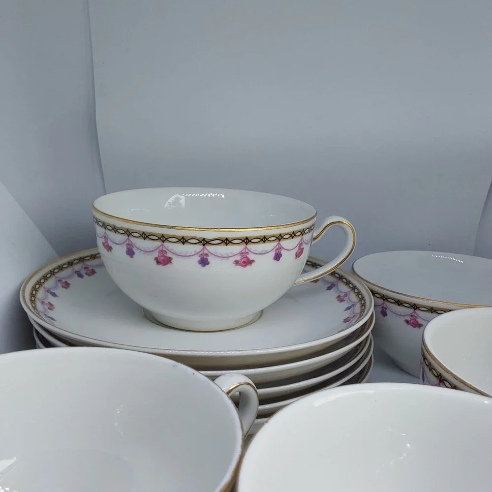 Heinrich‎ H&C  Set Of 5 Pink Roses Gray Laurel Cup & Saucer Sets